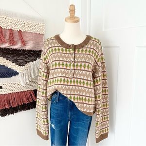 La Ligne Beige, Green & Pink Patterned Crewneck Sweater